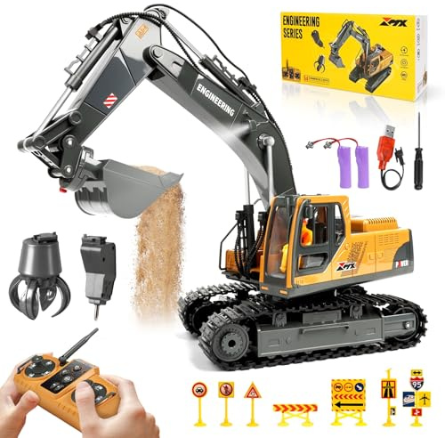 Charmofun Escavatore Radiocomandato 3-in-1, Giocattolo RC con 3 Teste in Metallo, Cabina Rotante 680° con Luci e Musica, Regalo per Bambini 3-12 Anni