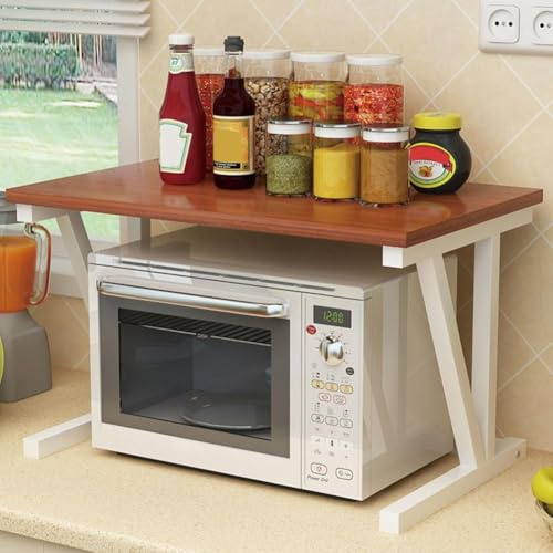 2-stöckiger Mikrowellenherd Rack Gewürzregal Für Küche Hochleistungs-mikrowellen-Toaster-ständer Küchenarbeitsplatte Organizer Topfpfanne Grill Aufbewahrungsregale, White Frame, Teak