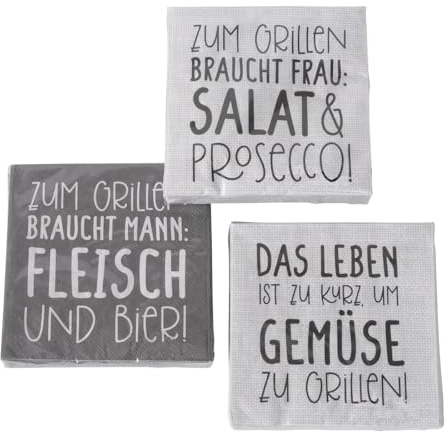 3 x 20 Servietten 'Grillen - Mann & Frau' Grau, Hellgrau, Schwarz, Weiß - 3-lagig 33 x 33 cm