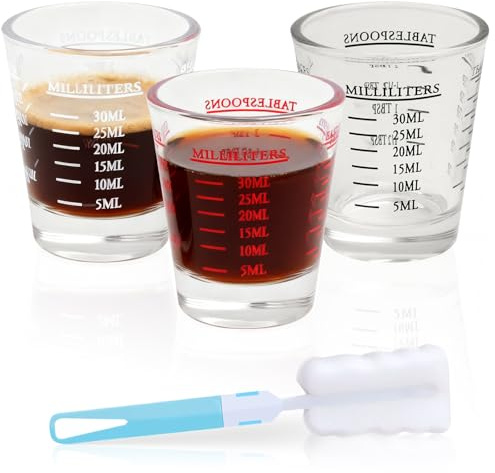 Mispudin 30ml Vaso Medidor de Chupitos 3er Set, Taza Medidora de Vidrio Pequeña con Escala, Cepillo, Vasos Medidores para Cócteles, Tequila, Vodka, Café, Espresso (Negro, Blanco, Rojo)