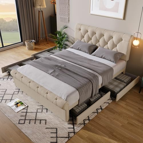 Generisch Höhenverstellbares Chesterfield Bett mit 4 Schubladen – Stauraumbett 140x200 cm (ohne Matratze)
