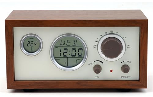 hxoity Rétro Réveil Numérique Radio-réveil Radio FM en Bois Cadre Radio-réveil en Bois avec Fonction Snooze Affichage De La Température Affichage 12/24 H Décoration Artisanale