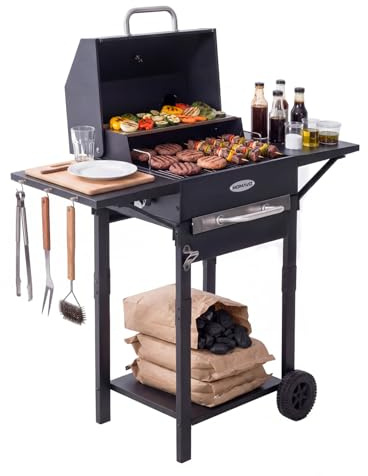 HOMAVO Barbecue a Carbonella, Barbecue con Coperchio, Superficie Cottura: 45×32 cm, Vassoio Carbone Regolabile in Altezza, Tavolino Laterale