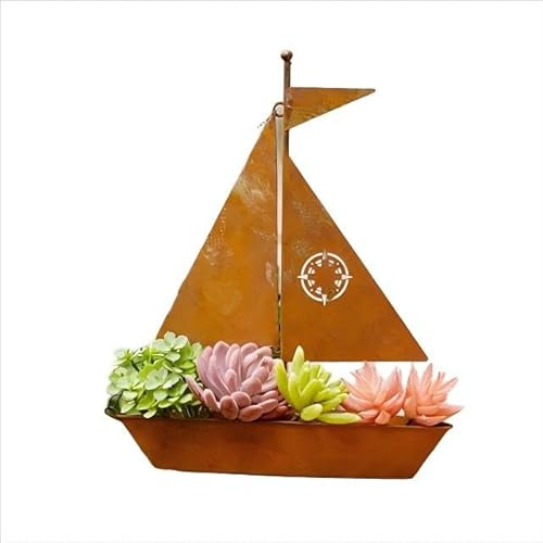 Krzaw Distressed Metal Ship Plant Pots Indoor, Antique Brown Vintage Sailboat Flower Pot Design, Rustic Home Decor, Unique Gardening Gift for Patio, Shelf, Desk (11.6inch/29.5cm)​