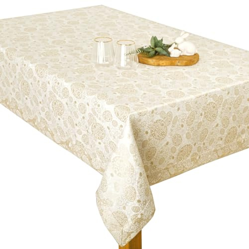invitta Edle Oster-Tischdecke mit Goldfaden 80x140 cm – Elegantes Ostereier-Muster, Sauber Genäht mit Kuvertsaum, Fleckgeschützt, Doppelseitig, Premium 230g/m², Gold-Deko