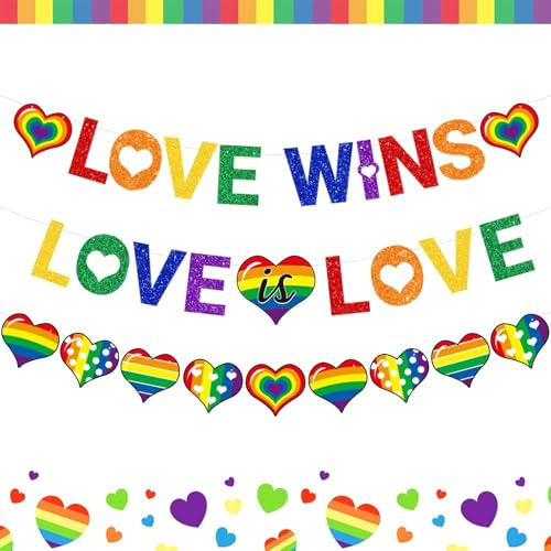 Tourima Pride Girlanden-Set, 3-teilig, Regenbogen Deko für CSD und Party | 3-teiliges Set mit 2 Schriftbannern und 1 Herzgirlande in Regenbogenfarben – ideal als bunte Pride Deko für CSD und Partys.