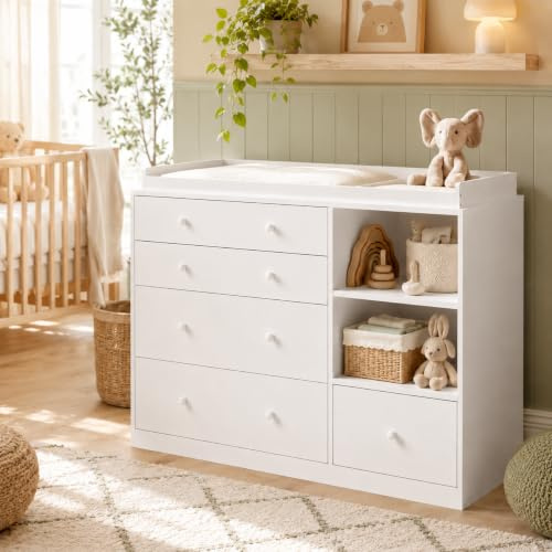 DEZAGCE Fasciatoio con Cassettiera, Mobile Fasciatoio per Neonati con 5 Cassetti e 2 Vani Aperti, Piano Cambio con Sponde Rialzate, Cassettiera per Cameretta Bambini, 120 x 50 x 92 cm, Bianco, MDF