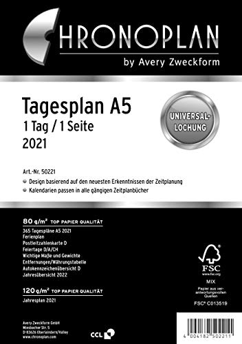 Chronoplan 50221 Kalendereinlage 2021, Tagesplan A5 (148x210mm), Ersatzkalendarium, ideal für detaillierte Tagesplanung, Multilochung (1 Tag auf 1 Seite), weiß