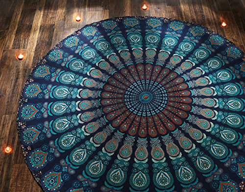RAJRANG BRINGING RAJASTHAN TO YOU Pfauen Mandala Wandteppich Rund 183 cm Hippie Wandbehang Dekorativ Bohemian Stil Bettwäsche Handgefertigt Reine Baumwolle Blau