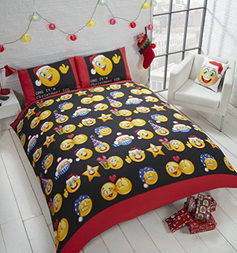 Rapport Weihnachten Faces Festliche Weihnachts-Bettwäsche-Set mit Emojis, Bettbezug und 2 Kissenbezüge für Doppelbetten, Mehrfarbig