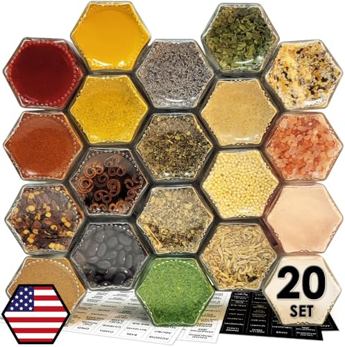 20 Set Magnetic Spice Jars for Refrigerator, Hexagon Glass Magnetic Spice Jars with Shaker Lids Label for Kitchen RV Travel Trailer Boat, Magnet Seasoning Containers for Fridge Cabinet Wall mount Rack