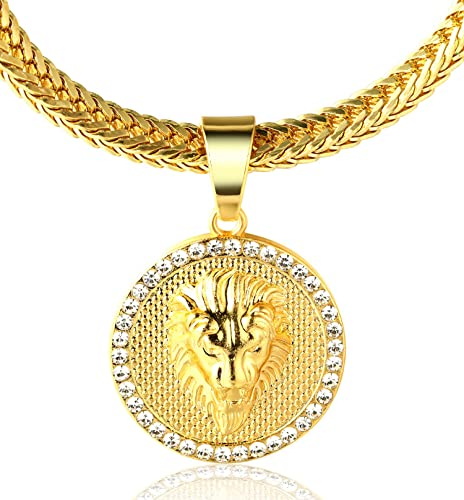 Halukakah ● Kings Landing ● Herren Goldekette Männer 18 Karat Vergoldetete Krone Löwe Anhänger Halskette mit Kostenloser Haischwanz Kette 30/75cm