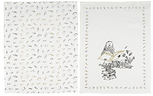 Creative Tops Roald Dahl 'Phizz-Whizzing' MATILDA Gold-Embroidered Luxury Cotton Tea Towels, 50 x 70 cm - Gold/White (Set of 2)