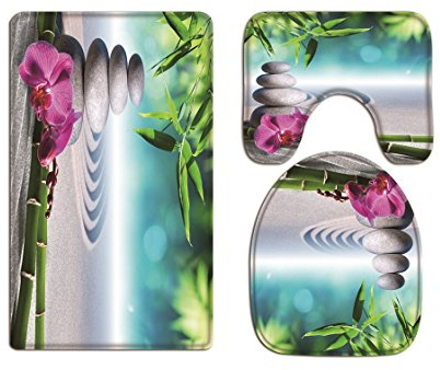 A.Monamour Badezimmer Badematte 3 Teilig Set Yoga Meditation Zen Grün Pflanzen Orchidee Blume Steine Steine Flanell Saugfähig Badteppiche Badvorleger Badgarnitur WC Vorleger