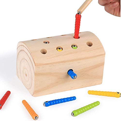 Bimaxta Holzwurm Angelspiel Holz Baby Kinderspielzeug ab bis 1, 2, 3 Jahren Jahr Montessori Holzspielzeug Steckspiel Motorik fördern Geschicklichkeit Kinder Geschenk Weihnachten