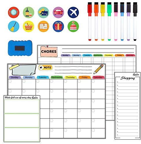 Feela 4 Pack Magnetic Whiteboard Calendar, 2024 Monthly Weekly Planner for Fridge With 8 Pens, Dry Wipe Eraser, 10 Stickers - Family Meal Planner Board for Home, Kitchen, Office