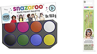 Snazaroo- Paleta de pintura facial, Multicolor (Colart 80818) + pinceles para pintura facial, color verde, Set de 3 (Colart 40500)