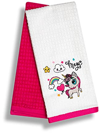 SYS Online Geschirrtücher 100% Baumwolle 2er Pack, Waffelpique Stoff Handtücher Set, Oeko-tex® Zertifiziert Hochwertige Geschirrtücher mit Motiv, Einhorn - Unicorn, 60x40cm (Pink - Weiß)
