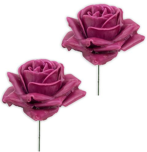 Kunstrosen-Blüten mit Stiel als künstliche Deko-Rosen aus Wachs - 2 rosa pink Rosenblüten wie echt für Blumengestecke Blumen-Dekoration - Wachsrosen als Kunstrosen Friedhof Grabschmuck