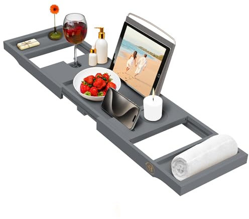 Bambüsi Badewannentablett – zusammenklappbarer und verstellbarer Badewannen-Caddy – platzsparendes faltbares Badewannen-Tablett – Holz-Badewannenzubehör – einzigartiges Valentinstagsgeschenk für Damen