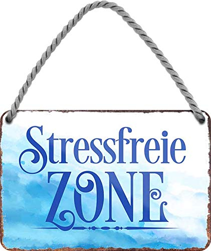 Blechschild ''Stressfreie Zone (blau weiß)'' 18x12cm Geschenk Lustige Sprüche Feier Vintage Retro Geburtstag Deko Party Überraschung Fan Meer Urlaub Sommer Sandstrand