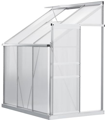 Outsunny 6 x 4ft Lean to Wall Polycarbonate Greenhouse Aluminium Walk-in Garden Greenhouse with Adjustable Roof Vent, Rain Gutter and Sliding Door, Clear