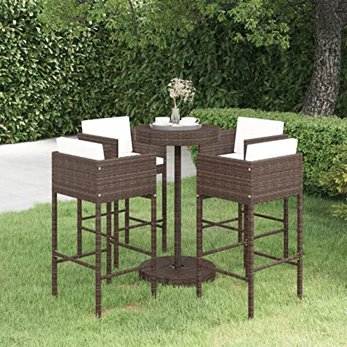 Gecheer 5-TLG. Gartenbar-Set mit Kissen, Runde Bartisch & 4 Poly Rattan Hocker, Gartenmöbel Gartentheke Barhocker Poly Rattan Braun