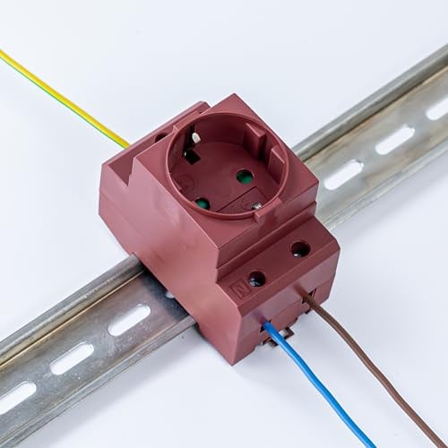 Schuko Steckdose [GS16] für Hutschiene 16A 230V 2P+E - Einbausteckdose für Verteilereinbau, Schaltschrank Zählerschrank Schutzkontaktsteckdose für 35mm DIN Trägerschienenmontage (Dunkelrot)