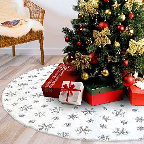 Weihnachtsbaum Decke Weiß 120cm, Christbaumdecke Tannenbaum Decke, Groß Christbaum Teppich Baumdecke Rund Silberne Schneeflocke, Plüsch Schneedecke Röcke Fell Weihnachtsbaumdecke Dekoration Rock