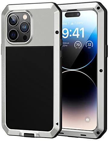 Lanhiem for iPhone 14 Pro Max Case Heavy Duty Shockproof Cover Tough Armour Metal Case with [Tempered Glass Screen Film], 360 Full Body Protective Case Cover for iPhone 14 Pro Max - Sliver Silver