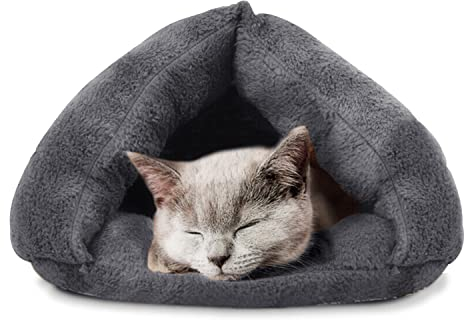 SUOXU Katzenbett, maschinenwaschbar, warmer Fleece-Schlafsack, für kleine Haustiere, Welpen, Kätzchen, Haustier, Schlaf, weicher Plüsch, beruhigendes Bett, Zelt, Dunkelgrau