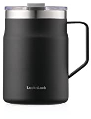 LocknLock Metro Mug Premium 18/8 Stainless Steel Double Wall Insulated with Handle Perfect for Table with Lid, Black, 16 oz