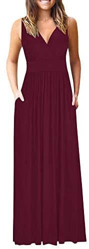 AUSELILY Ete Robe Longue Femme Maxi Robe V Col sans Manches avec Poches Vin Rouge 2XL