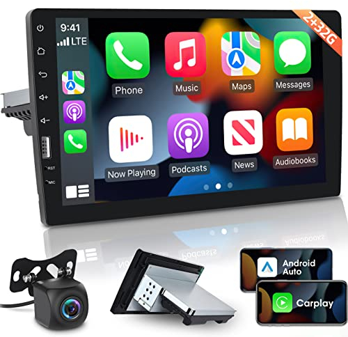 [2G+64G] Kabelgebunden & Wireless CarPlay/Android Auto 1 Din Android Autoradio mit Bildschirm 9 Zoll Touchscreen Radio Hi-Fi/WiFi/SWC/GPS Navi + AHD Rückfahrkamera und Mikrofon
