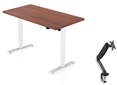 - AGIL - Elektrisch höhenverstellbarer Schreibtisch - Set - weißes Gestell mit Walnuss Tischplatte - 140x70cm - mit Monitorhalterung - Ergonomischer Sitz-Steh-Tisch - stilvoll am Arbeitsplatz
