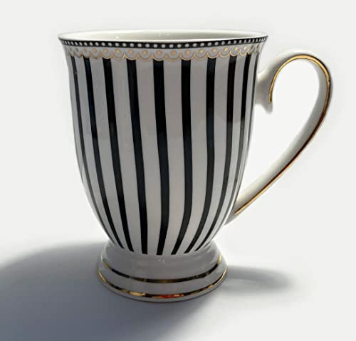 Mazeology Prince Albert Tall Latte Black and White Striped Fine Porcelain Mug curated Modern Design with Hand Painted Gold Trim