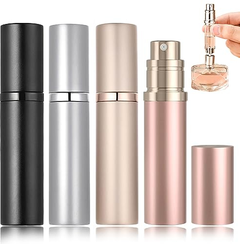 POTWPOT Perfume Refillable Bottle, 4 Pack Travel Perfume Atomiser Refillable Perfume Atomiser Spray Bottle for Men and Women with 5ml Pocket Size (Black & Golden & Pink & Silver)