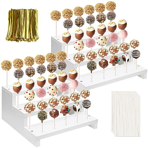 KHayRovies 2 Stück Cake Pop Ständer, Verkaufsständer Lollipop-Halter mit Twist Ties Lollipop Sticks, Holz 3-stufig 33 Löcher Lutscher Ständer Desserttisch, Hochzeit, Geburtstagsparty - weiß (B)