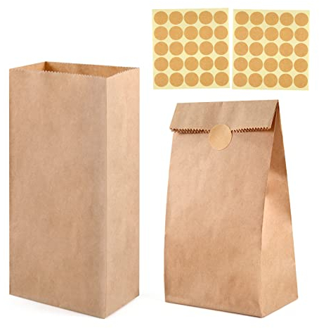ihaspoko 50 Stück Papiertüten, 30×20×12 cm Braun Papier Geschenktüten, Kraftpapiertüten mit Aufklebern für Hochzeit, Geburtstag, Partyzubehör und Geschenke