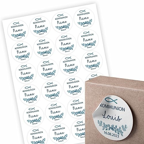 24 Stück Aufkleber zur Taufe - Personalisierte Aufkleber mit Namen und Datum für die Geschenke Ihrer Gäste - 4,5 cm Runde Papieraufkleber (Kommunion Fisch)