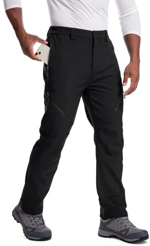 mosingle Mens Waterproof Fleece Lined Walking Trousers Soft Shell Hiking Warm Winter Ski Snow Pants with Zipper Pockets #6078-Black-32