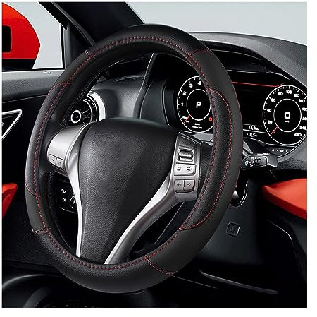 BELOMI Leder Auto Lenkradbezug Universal 15 Zoll für Auto LKW SUV, rutschfest und atmungsaktiv, Sport Style Design Geruchlos Lenkradschutz Automotive Interior Zubehör (Schwarz)