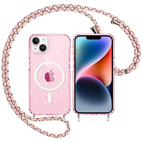 Yoedge Trasparente Glitter Cover Magnetica con Cordino per Apple iPhone 15 6,1, Custodia Bling Brilla Rosa Laccio Tracolla Compatibile con MagSafe Magnetico Ricarica Wireless Case per iPhone 15