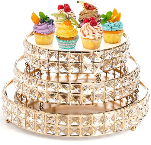 Goaste 3 Pack Crystal Cake Display Stand with Mirror, 14 12 10 Metal Pedestal Gold Round Cake Plate Stand, Dessert Cookies Fruit Serving Tray with Shining Crystal Beads for Wedding, Birthday Party