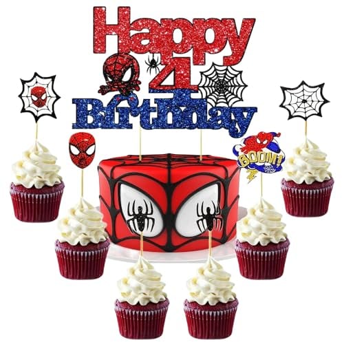 i-QiQi 4th Spiderman Birthday Cake Toppers Superhero Party Decoration for Spider-Man Birthday Party Anniversary Party Cake Baby Shower Deco Supplies Happy 4th Birthday Cake Topper