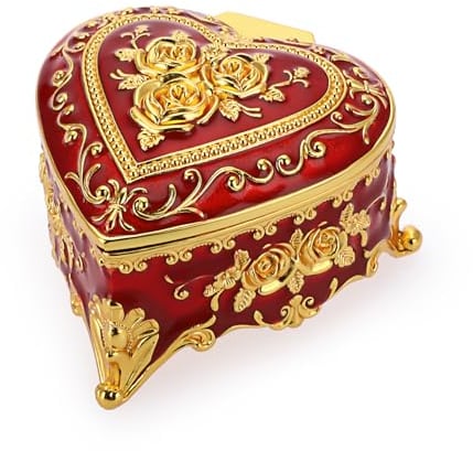 SUMTree Vintage Schmuckkästen mit Deckel aus Metall Rot mit Goldenblumeform Schmuckbox Schmuckkiste Schmuckkoffer für Ring Armband Ohrringe von Damen Geschenk für Weichnachten Geburtstag Herzförmig