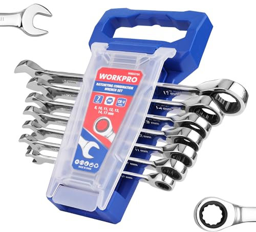 WORKPRO Ringmaulschlüssel-Set, metrisch, 7-teilig, Ratschenringschlüssel-Set, 8 mm, 10 mm, 11 mm, 12 mm, 13 mm, 14 mm, 17 mm, 12-kant, CR-V-Stahl, mit Organizer-Rack