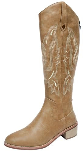 StyliShoes Stivali alti da donna con tacco grosso in pelle cowboy stivali alti retrò occidentali, cachi, 38 EU
