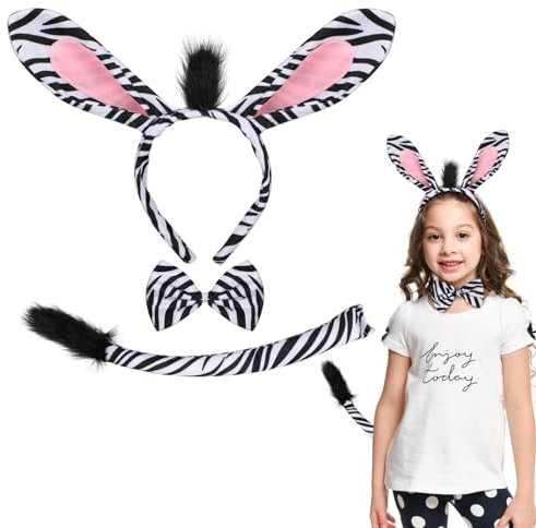 Hifot 3Stk Zebra Kostüm Set, Zebra Ohren Haarreif und Schwanz Fliege Set, Zebra Tier Verkleidung Outfit Tier Kostüm Zubehör für Kinder Erwachsene für Cosplay Halloween Karneval Geburtstag Thema Party