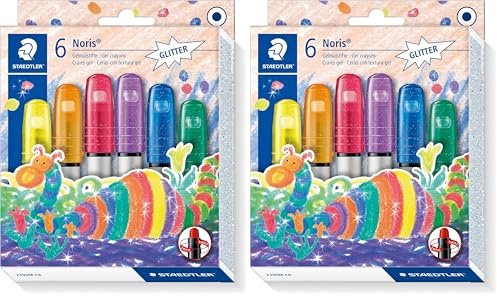 Staedtler Noris Club 2390M C6 Gelmalstifte, 6 Stück im Set, Glitter-Farben, perfekt für kleine Kinderhände, superweich und farbintensiv, auch ideal für `Fensterglas (Packung mit 2)